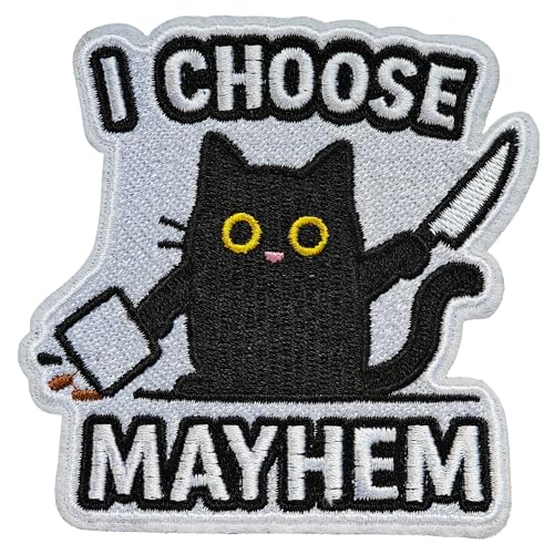 MACOCO Cat Iron on Patch, 3" Funny I Choose Mayhem Chaos Black Cat Patch, Embroidered Sew on Applique for Backpacks, Clothing, Jackets, Sarcastic Humor Gift for Cat Lovers