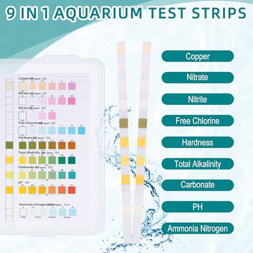 Miniatura 4 de Huiguli 9 En 1 Test Acuario, 100 Test Agua Acuario Para Ph Cloro Libre Nitrito Dureza Carbonato Nitrato Alcalinidad Total Nitrógeno Amoniacal Cobre, Profesional Tiras De Prueba Para Piscina, Pecera