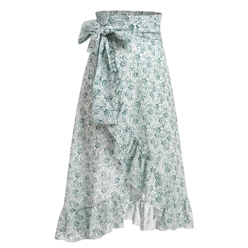 IMEKIS Women Tie Waist Boho Wrap Skirt Floral Print High Waist Irregular Ruffle Hem Beach Skirt A-Line Chiffon Flowy Summer Midi Skirt Light Green M - Image 2