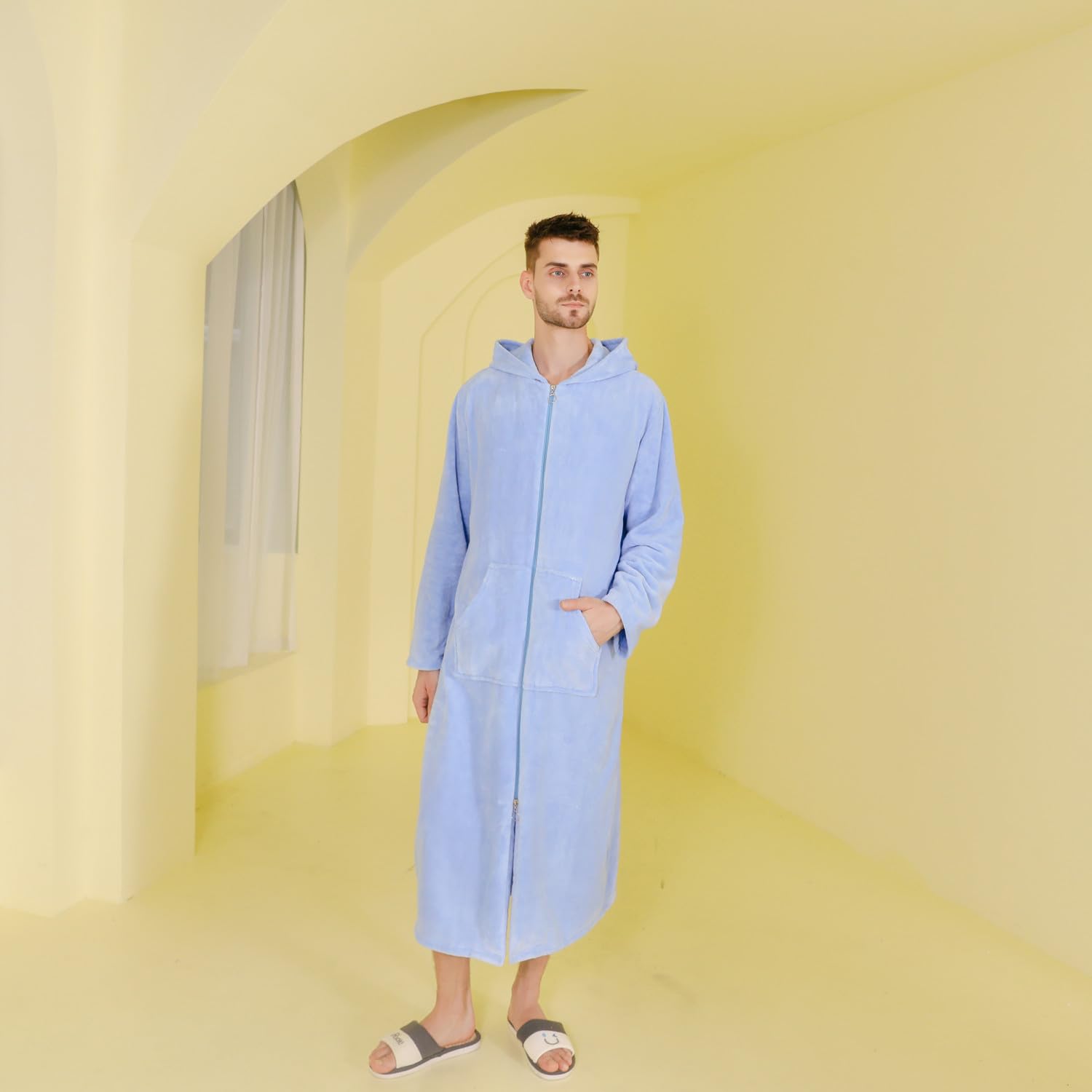 Peignoir Chaud en Polaire à Capuche avec Fermeture éclair et Ceinture pour Homme et Femme - Manteau épais pour l'automne et l'hiver