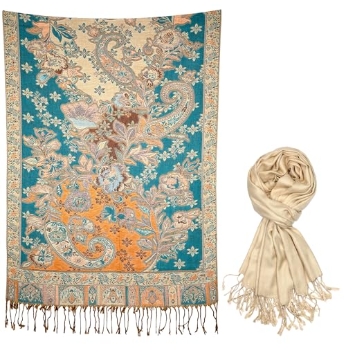 Achillea 2 Pack Solid Champagne Shawl and Teal Dark Amber Floral Shawl Bundle