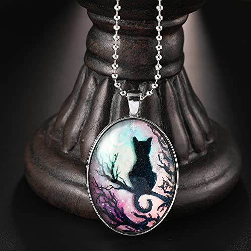 YWMAN Cat Moon Cameo Necklace - Vintage Gothic Oval Frame Pendant Necklace Mystic Witch Jewelry Gift Accessories3