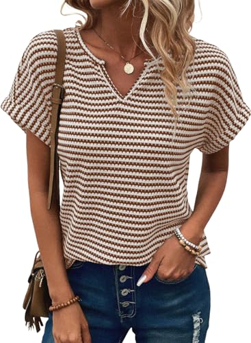 EVALESS Womens Dressy Casual Cap Short Sleeve Tops Trendy Summer V Neck Loose Striped Casual Basic T Shirts Tee Blouses