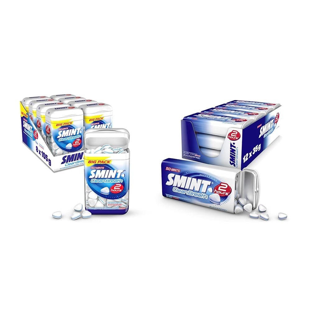 SMINT 2H Clean Breath Peppermint & 2 hours Peppermint, 12 Metall-Dosen mit Pfefferminz-Pastillen, zuckerfreie Mints für ein frisches Mundgefühl für mehr als 2 Stunden, 12 x 35g