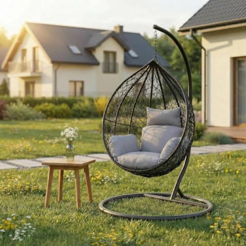 Alivio Rattan Hanging Egg Chair with Stand & Cushions Large Indoor Outdoor Swing Chair for Patio Garden Balcony Weather Resistant Wicker Basket Chair Free Standing Egg Chair 120kg Capacity Grey