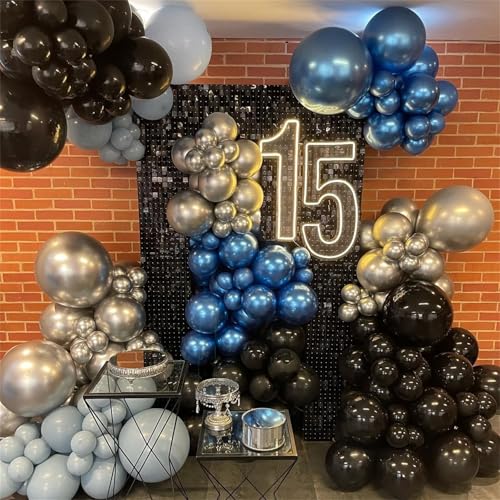Image of Metallic Blue and Black Balloon Arch Garland Kit, 118PCS Baby Light Blue Metal Silver Latex Balloons for Birthday Baby Shower Gender Reveal Graduation Wedding Father's Day Party Decorations Supplies