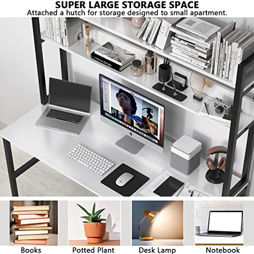 Image of Aquzee Computer Desk with Shelves, 47 inch W x 23.6 inch D Gaming Desk with Hutch and Bookshelf, White Study Table for Bedroom Space Saving with 3 Tier Storage Shelf, Home Office Desk for Writing Work
