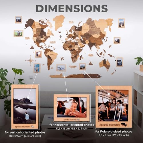 Image of Enjoy The Wood 3D Wooden World Map Wall Art (Photo Frames, Pins) | Large Travel Map with Pins for Art Decor, Decorative Map of the World for Home, Office Travel Wall Art Housewarming Gift Idea