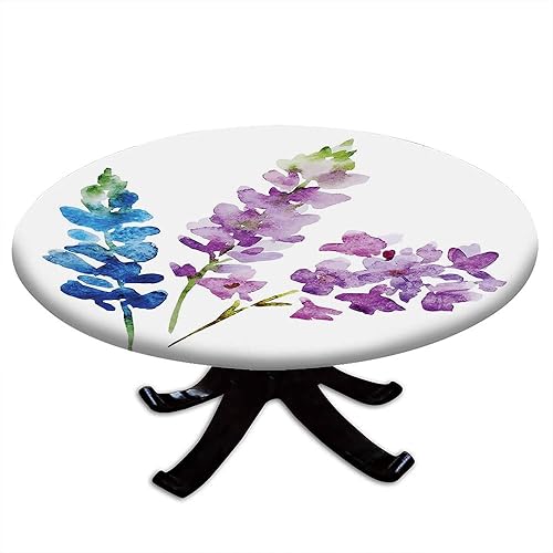 Mantel redondo floral con borde elástico, ramas de flores de acuarela en tonos primaverales, ramo de lavanda y violeta, para mesas de comedor,