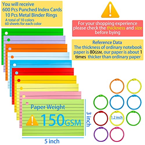 MotBach 600Pcs Colored Index Cards 3x5 Inch Flash Cards with Rings Lined Note Card Flashcards, Colorful Ruled Card Pad Index Note Books 3 x 5 Notecards for Studying School Supply College Office - Thumbnail 2