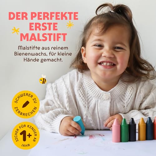 Honeysticks Wachsmalstifte (12er-Pack) - Ungiftige Babymalstifte aus Natürlichem Bienenwachs, Wachsmalstifte Ab 1 Jahr, Leicht zu Greifende Buntstifte Baby, Umweltschonend und Kleinkindfreundlich
