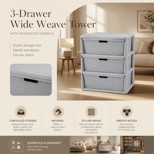 Wide 3-Drawer Plastic Storage Tower, Cross-Weave Decorative Organizer Chest Made of Plastic with Removable Bins and Easy-Pull Handles for Closet, Bedroom, Dorm, and Office, Gray - Image 9