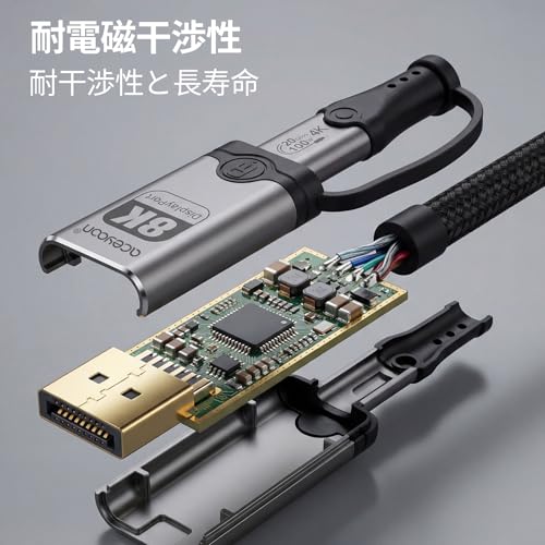 aceyoon 8K 60Hz USB C DisplayPort 変換ケーブル 100W USB Type C to DP 2in1 ケーブル 4K 60Hz ディスプレイポートケーブル Thunderbolt 4/3 USB3.2 20Gbps 高速データ転送 for iPhone, MacBook, Dell, Surfaceなどのデバイス用 【HDMI非対応】 ガングレー 2M
