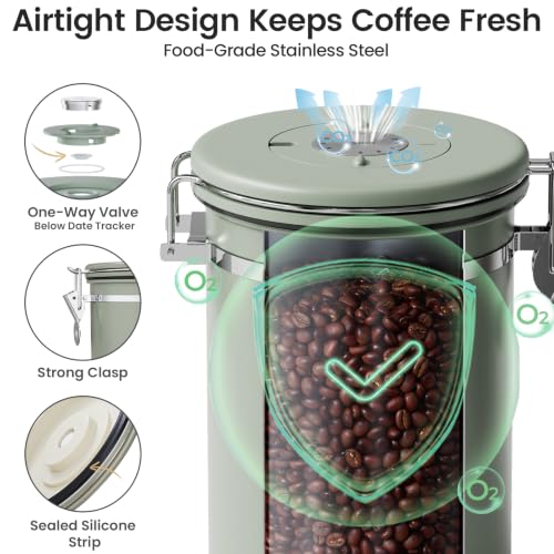 Image of Veken Coffee Canister with Window, Airtight Stainless Steel Container, 22OZ | Date Tracker,Kitchen Food Storage Organizers for Beans, Ground, Espresso, Rice,Tea, Sugar,Cereal, Gifts,Lids,Jars,Scoop,Green