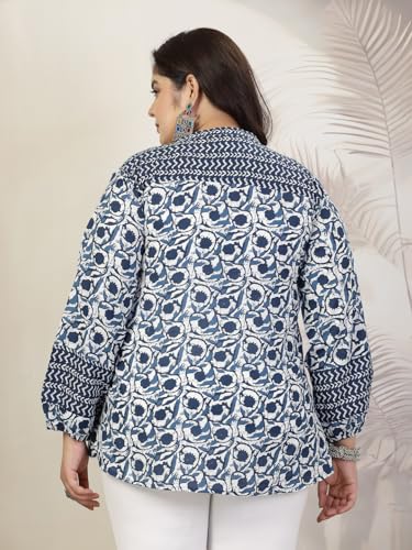Image of Stylum Women's Plus Size Blue Floral Printed Pure Cotton Top | Plus Size Tops for Women Short Kurti