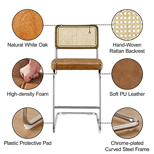 Art Leon Rattan Bar Stools Set Of 4, Oak Back Frame, Modern 26 Inch Counter Height Bar Stools, Armless Rattan Mesh Back Kitchen Chairs, Pu Leather Bar Chair Stools For Kitchen Counter, Yellow Brown #TOP3