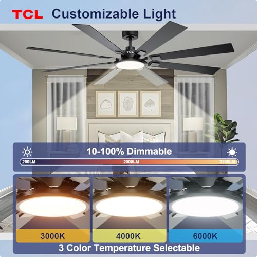 Image of TCL Ceiling Fans with Lights and Remote: 8 Blades, Quiet Reversible DC Motor, Dimmable Super Bright LED, Noiseless Large Modern Fan for Room, Outdoor, Commercial and Industrial Use (Black, 72 Inch)
