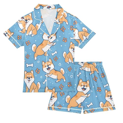 ALAZA Puppy Dog Paw Print Bones Blue Pajamas Satin Pajama Set Short Sleeve Button Down Sleepwear