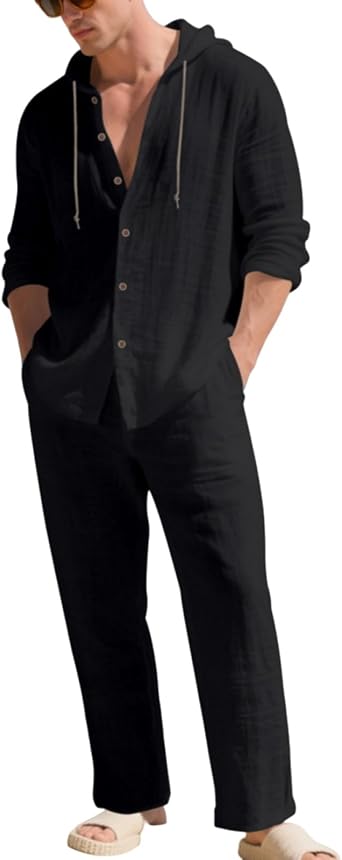 Linen Outfit Men Long Sleeve Lounge Sweatshirts Leisure Pant Casual 2 Piece Sets Vacation