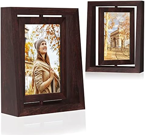 HOOOKIMM 2 Pack 4x6 Rotating Floating Picture Frames, Double Sided Display with High Definition Plexiglass Rustic Wooden Photo Frame for Vertical Tabletop Display, Birthday Gifts for Women and Men