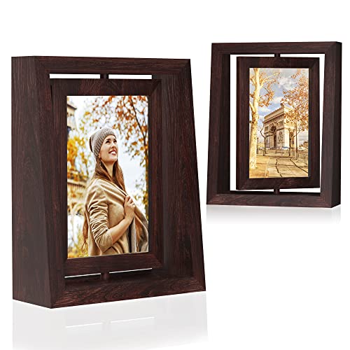 Hoookimm 2 Pack 4X6 Rotating Floating Picture Frames, Double Sided Display With High Definition Plexiglass Rustic Wooden Photo Frame For Vertical Tabletop Display, Birthday Gifts For Women And Men #TOP1