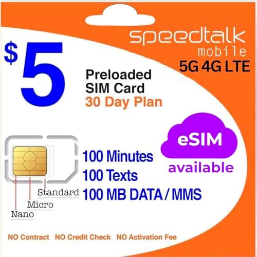 SpeedTalk Mobile $5 Prepaid SIM Card – Top Value Plan for Smartphones & Cellphones | 100 Minutes, 100 Texts, 100MB Data | 5G/4G LTE | Triple-Cut (Mini, Micro, Nano) | No Contract – 30-Day Service