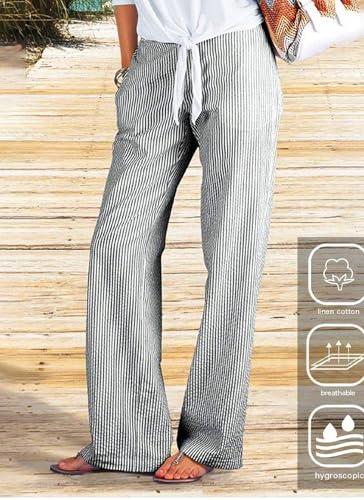 Women's Black and White Striped Wide Leg Pants with Drawstring Waist 2025 Spring Comfortable Pants with Side Pocket2