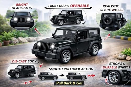 Image of Diecast 1:36 Thar Toy Car Metal Body Openable Doors Bonnet Boot Pullback Action Light Music Black