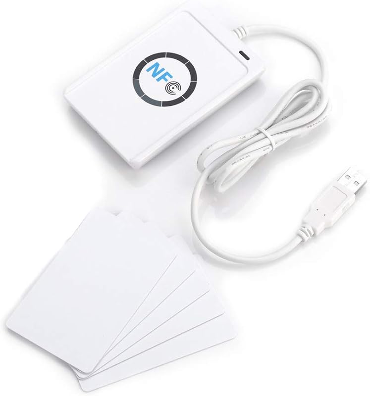Cititor și scriitor de carduri NFC Akozon ACR122U ISO 14443A-B, dispozitiv contactless cu software pentru carduri IC, alb, pentru calculator