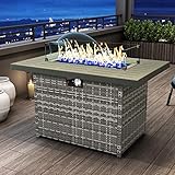 KHOLH 44 Inch Propane Gas Fire Pits Table for Outside Patio, 60000 BTU Rectangular Outdoor Wicker Rattan Fire Pit with Glass Wind Guard
