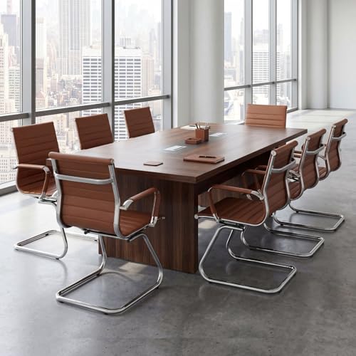 Image of Conference Room Chairs Set of 6, Waiting Room Chairs with Arms, Faux Leather Reception Chairs No Wheels, Office Guest Chairs with Mid Back Support and Chrome Sled Base, Cafe