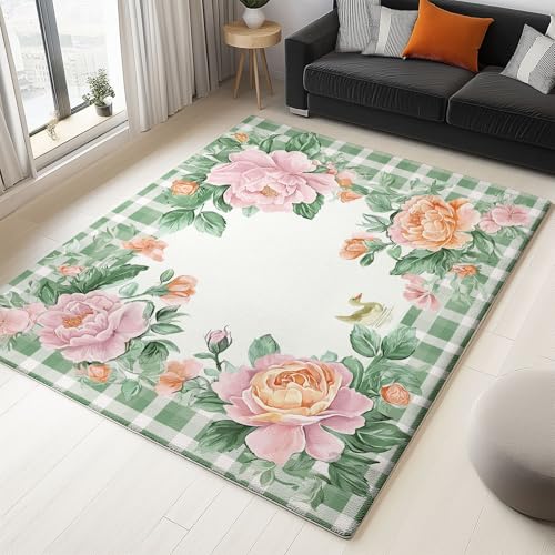 Franela Alfombra Retro Flores Cuadros Decoración, Verde Rosa Alfombra Ideal para Sala de Estar Dormitorio y Sala de Juegos, 140 x 200 cm Suave y Cómodo Antideslizante Lavable