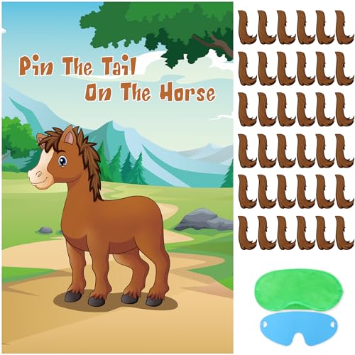 Hxezoc Pin The Tail On The Horse Game for Kids Large Horse Poster Party Games for Birthday Party Cowboy Party Decorations Horse Party Games Supplies - 36 Tails Stickers