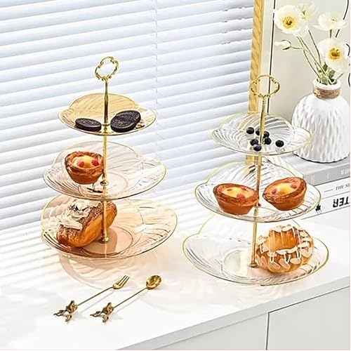 Image of Jamboree 3 Layers Golden Plated Plastic Cupcake Stand Dessert Plate Mini Cake Fruit Candy Display Tower Reusable Layered Set (Flower Cake Stand)