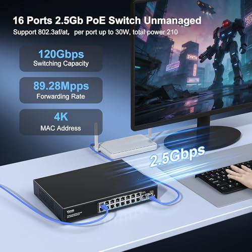 Image of 18 Port 10G /2.5G Ethernet Switch with Dual 10GBASE-T, Vimin 16 X 2.5G +2 x 10Gb RJ45 Ports Unmanaged Switch, 80Gbps Capacity, 10G Switch Desktop /Wall Mount Network Switch for NAS, PC, Wireless AP