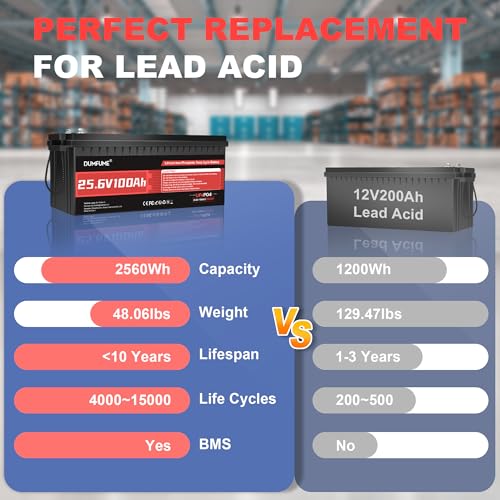 Image of 2 Pack Dumfume 24V 100Ah LiFePO4 Lithium Battery 100A BMS,2560WH Rechargeable Lithium Iron Phosphate Battery Perfect for RV, Solar, Off-Grid, Camping, Home Backup