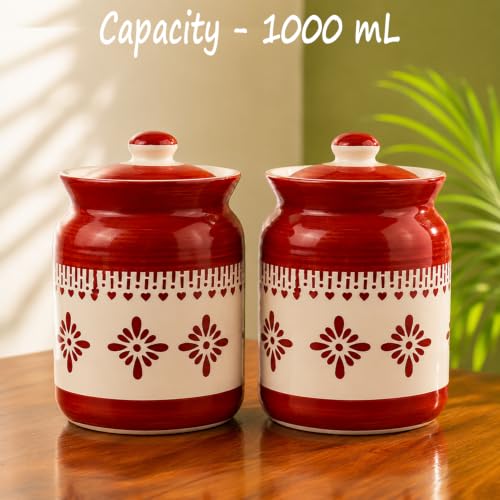 Image of D'Maiolica Ceramic Handmade Pickle Jars in 1000ml (set of 2) | Floral Bale 1 kg Achaar Martban | Ceramic Jadi for Kitchen Storage (Set of 2) | Jars for Achar, Spices, Salt (Royale Red Heartline)