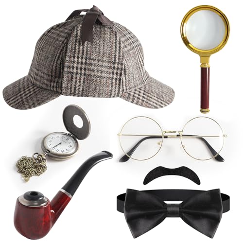 Cevikno Juego de accesorios para disfraz de detective, 7 unidades, disfraz de Sherlock Holmes con sombrero de detective, lupa, gafas de metal, pajarita para hombre, barba, años 20, detective, cosplay