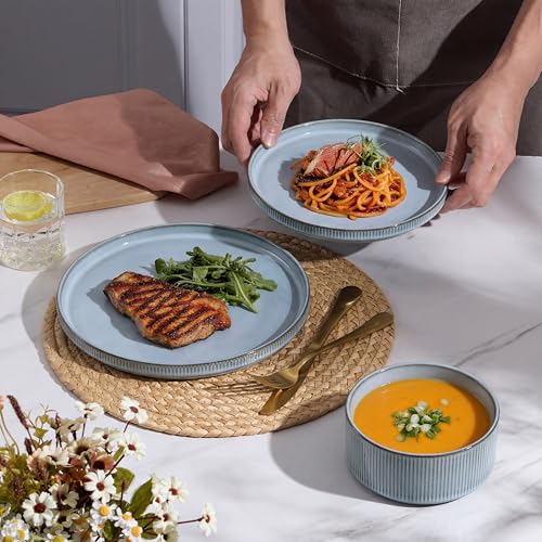 Image of E-far Stoneware Dinnerware Sets for 2, 6-Piece Plates and Bowls Sets, Chip & Scratch Resistant Ribbed Dish Set for Home Restaurant, Microwave & Dishwasher Safe, Dusty Blue