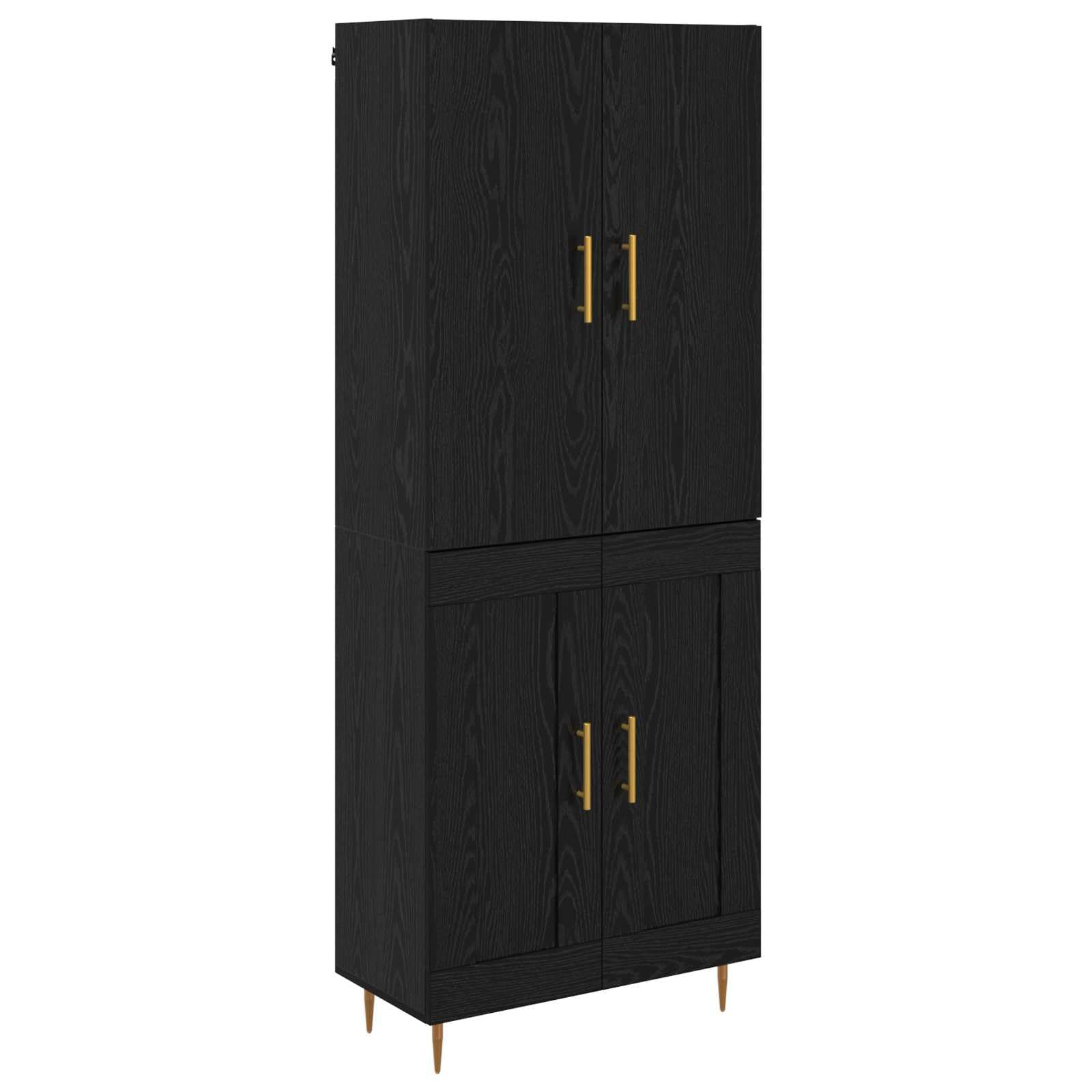 Générique Wysoka szafka dębowa czarna 69,5 x 34 x 180 cm Drewno inżynieryjne | Matowe mosiężne uchwyty, zwężane nogi, nowoczesny design, idealny do salonu jadalnia