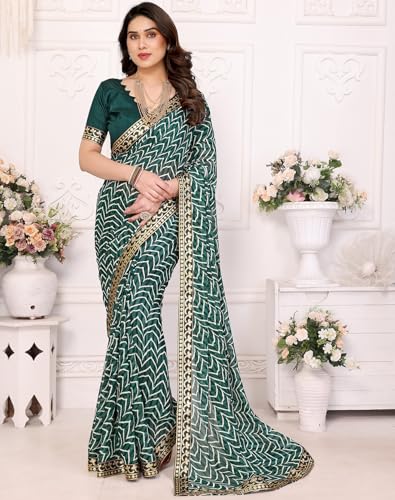 Image of Yashika Women's Printed Georgette Printed Saree With Lace Border and Blouse Material