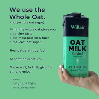 Willa's Organic Oat Milk - Unsweetened Original Oatmilk, Non-GMO, Shelf Stable, Low Sugar, Non-Dairy Vegan Milk, Made from Whole Oats, No Oil, No Gums, 32oz, Pack of 6