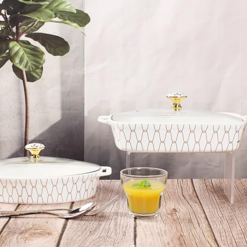 jinsongdafa Ceramic Casserole Dish with Glass Lid, 1.3 QT Serving Soup Tureen,Chafing Dish for Buffet, Family Food preserve Tray, Catering Casserole for Party Style 10.6\" x 7.3\"