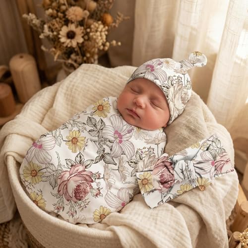 Image of Newborn Swaddle Set with Matching Headband Hat and Bow Set Floral Baby Girl Newborn Receiving Blankets Baby Swaddle Nursery Wildflower Baby Blanket