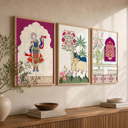 Image of kotart Art Wall Painting | Indian Traditional Madhubani Paintings Home Decoration With Frame For Living Room Bed Room Hotel Wall Decor Digital Reprint Set of 3 (13X17 inch)