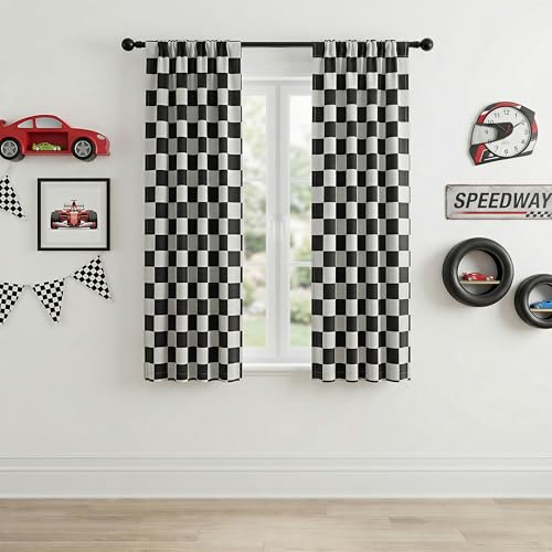 BOHOMOCASA Rod Pocket & Back Tab Checkered Curtains, 100% Blackout, Race car Flag Checkerboard Curtains, Thermal Insulated, Noise Reducing, 3-inch Checkered, 2 Panels, Each W26×L63
