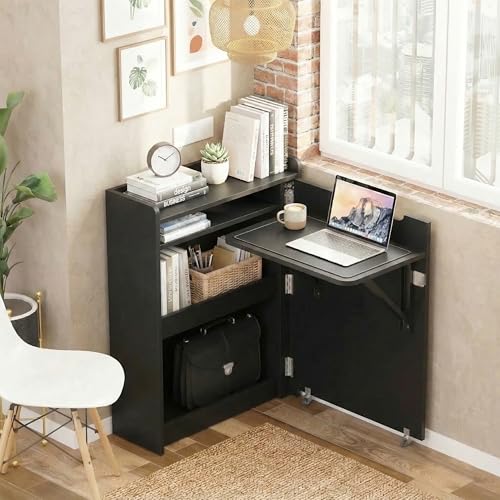 Image of Klaxon Foldable Study Table with Drawer & Storage Shelf | Compact Desk for Home & Students | Folding Design with Lockable Wheels. (Black, DIY Installation) (Black, Heli)