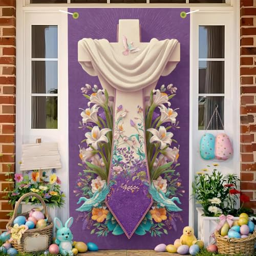 Image of Religious Easter Door Cover Cross and Lilies Banner Jesus Easter Door Decorations for Front Door He Is Risen Outside Home Decor 35.4x71 Inch