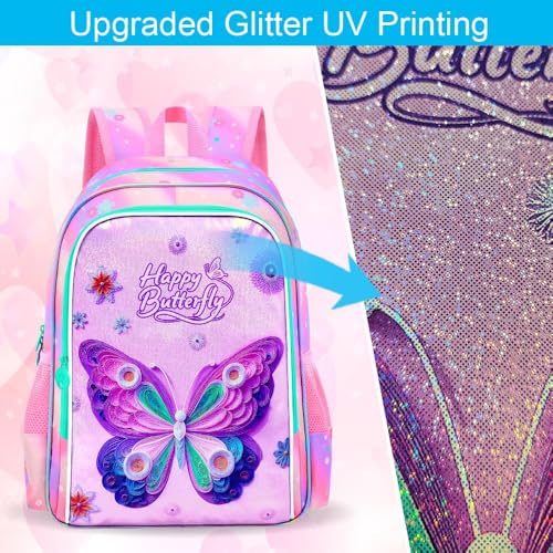 Image of CCJPX 3Pcs Butterfly Backpack, 16 inch Kids Girls Bookbag with Lunch Box, Water Resistant Elementary School Bag for Kindergarten Preschool Toddler (Pink)