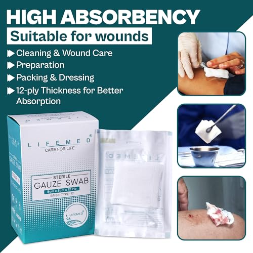 Image of LIFEMED Sterile Gauze Swab 5cm x 5cm 12-Ply Type-17 | Highly Absorbent Cotton Gauze Pads for Wound Dressing, First Aid, and Medical Use (Box of 10 Pouches - 40 Swabs)